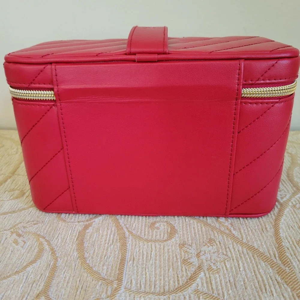 Yves Saint Laurent Beaute Red Chevron Quilted Vanity‎ Case Makeup Bag Mirror NEW